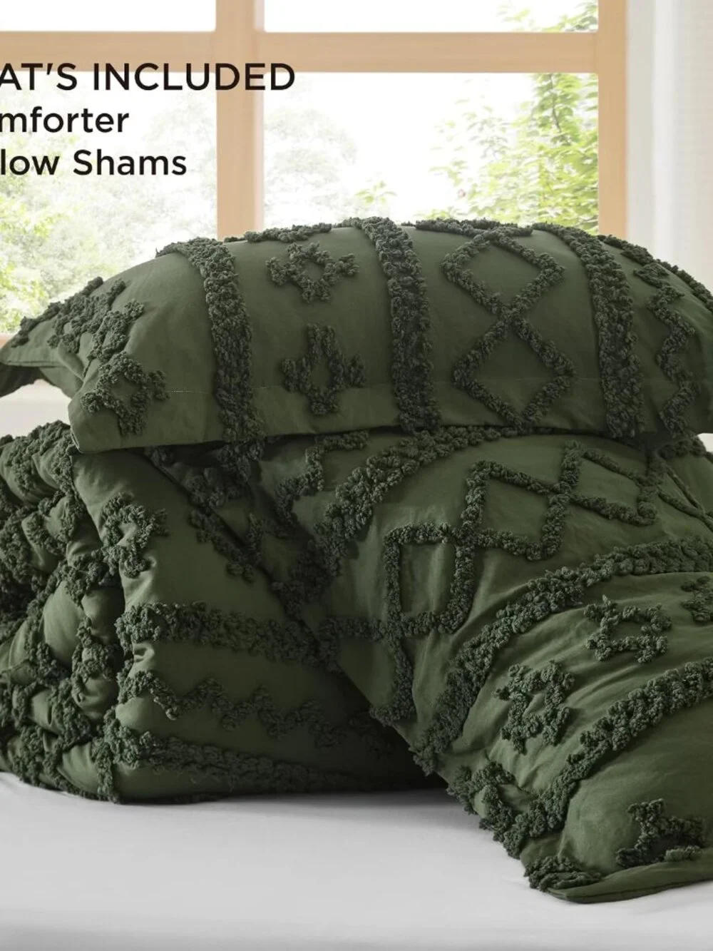 Tufted Boho Comforter Set Queen Size - Olive Green Boho Bed Set, GentleSoft 3 Pi